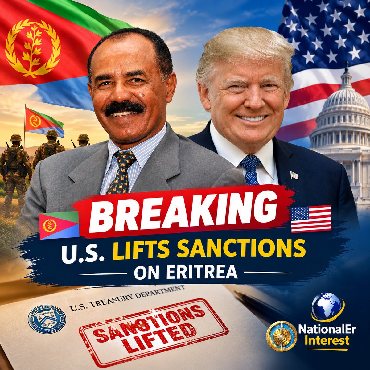 NationalEr_Int's tweet photo. BREAKING 🇪🇷 🇺🇸 |• The U.S. has officially lifted its sanctions on the Eritrean Defense Forces, National Security, and the economic institutions of the Front. https://t.co/1naXpcRXfo