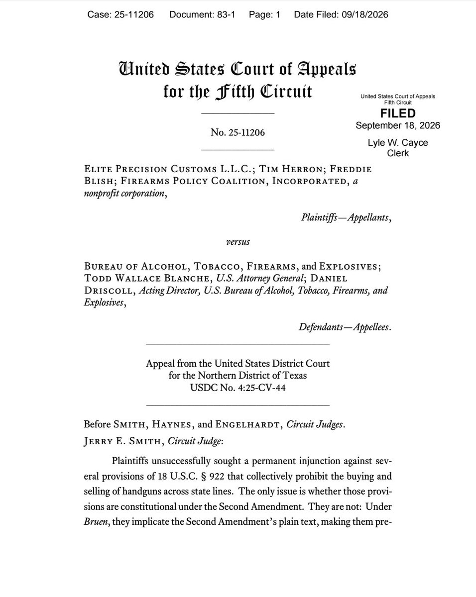 scotus_wire's tweet photo. BREAKING: In a 2-1 vote, the Fifth Circuit ruled that the federal ban on direct interstate handgun sales violates the Second Amendment. https://t.co/LT1WW93W7u