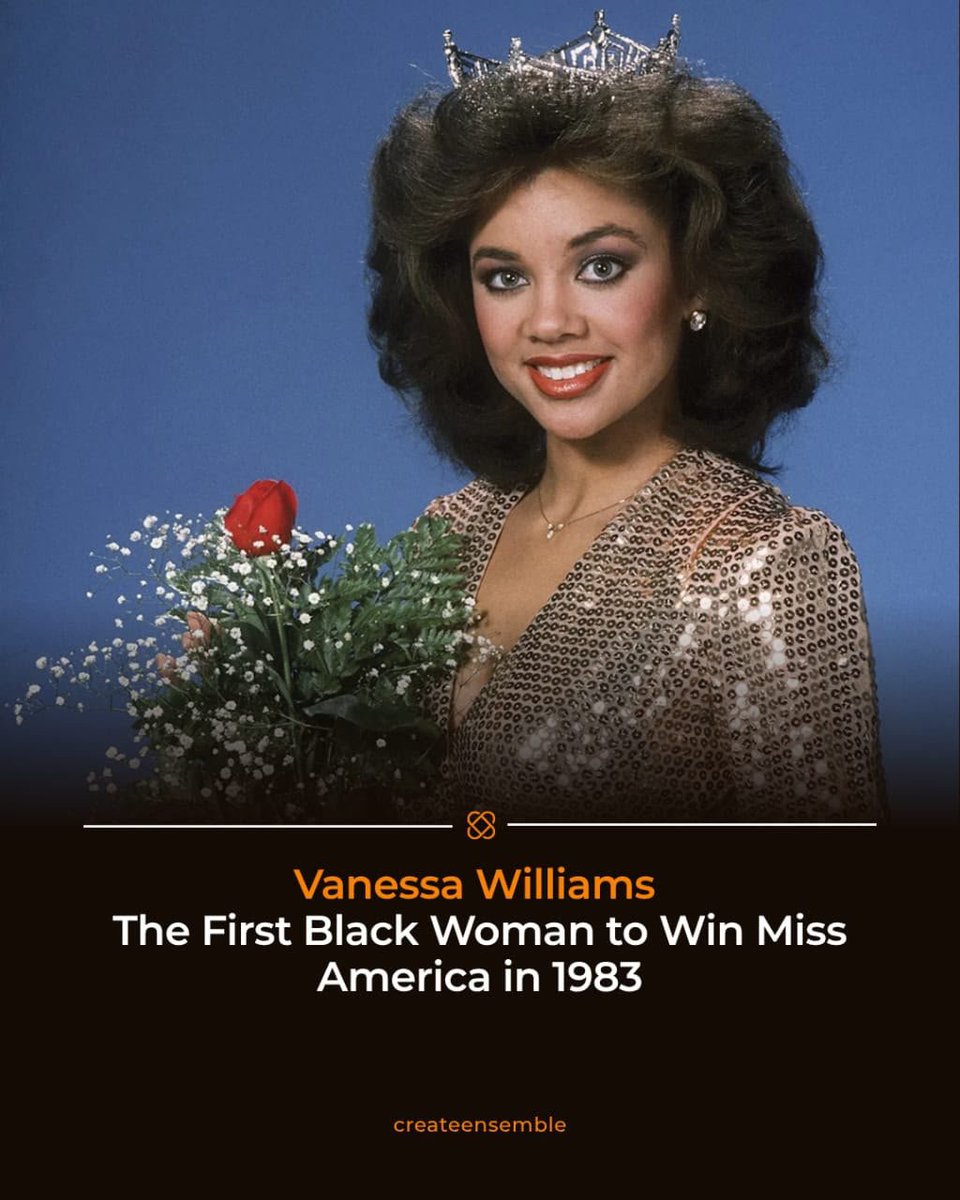 CreateEnsemble's tweet photo. On September 17, 1983, Vanessa Williams made history as the first Black woman to win Miss America, at just 20 years old.

Her win broke a barrier in a pageant that had excluded Black contestants for decades.

She went on to build a major career in music and television. https://t.co/S5Dyxpu2On