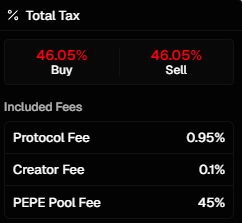0xVZs's tweet photo. ‼️Always check the total buy/sell tax before aping a new meme ‼️

I just saw a pool showing 46.05% fees on buys AND sells, including a 45% "PEPE Pool Fee." At that rate, you need roughly a 3.4x move just to break even after entering and exiting.
Don't confuse a green chart with a tradable market.  

Verify first. Ape second.