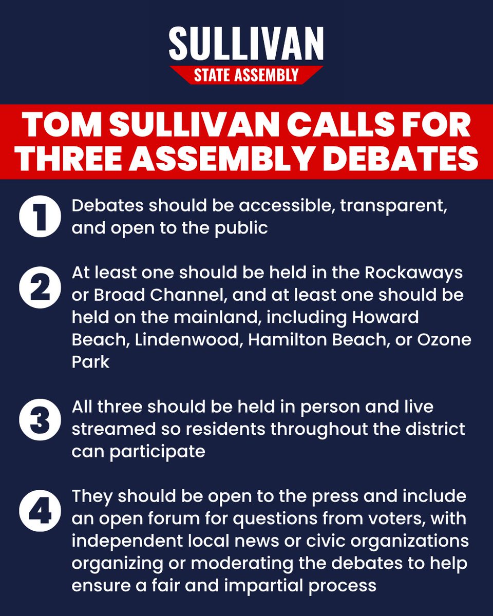 Sully4Assembly's tweet photo. Voters deserve the chance to hear directly from the candidates, especially when so many feel that Albany has ignored our communities for decades.

That’s why I’m calling for three public debates to be held throughout the district.

1/2 https://t.co/ibHcJeXgxV