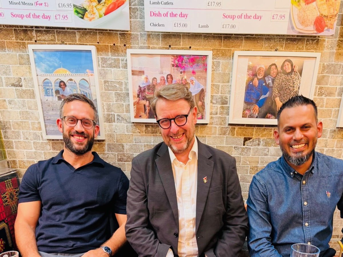 ZillRah7's tweet photo. Great evening with the heavy weight Anti-Zionist champion, David Miller (@Tracking_Power) and Zac Sammour celebrating the victory over the University of Bristol at the Palestinian restaurant, ShakeShuka, amazing food, atmosphere and hospitality, highly recommend it 🎉 🇵🇸 https://t.co/iJamkGNUji