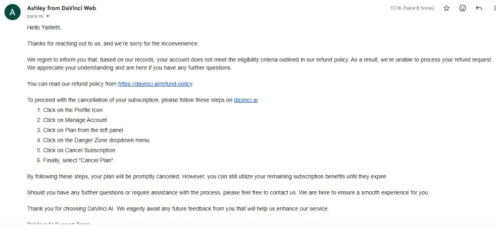 Luckyy08's tweet photo. The support service for @DavinciAiApp  is terrible automated responses that don't solve anything. They left their bot running with my credit card details, and they keep charging me for something I don't use. I've received more than five emails like this. 🤬 https://t.co/8utKoa8Qwu