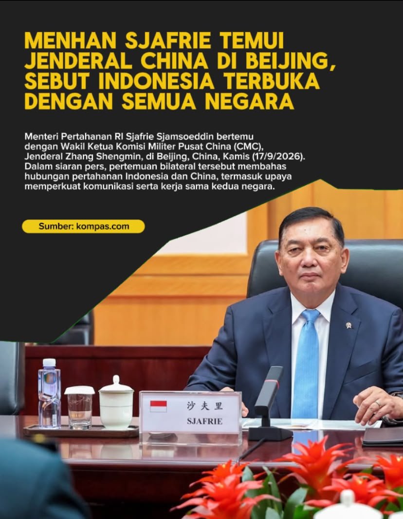 vahsyaaa's tweet photo. Indonesia Terbuka bagi Semua: Menteri Pertahanan RI Sjafrie Sjamsoeddin menegaskan keterbukaan Indonesia kepada semua negara dalam kunjungannya ke Beijing untuk menemui Wakil Ketua CMC Jenderal Zhang Shengmin. https://t.co/iSOLI8Erx8
