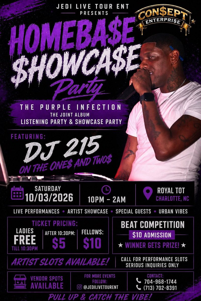 TheOneOnlySGH's tweet photo. 🎵🎧 listening’ &amp; showcase party🎤🎶
🗓️ Sat Oct 3 
🕙 10pm EST 
📍 Royal Tot | Charlotte NC https://t.co/p3Vg99hFc0