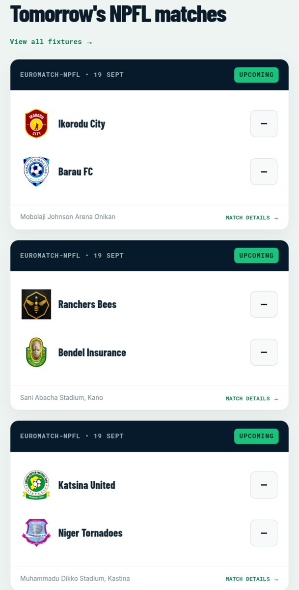 TigoNewsSp3sor's tweet photo. Tomorrow's NPFL match🇳🇬

IKORODU CITY x BARAU FC
RANCHERS BEES x BENDEL INSURANCE 
KATSINA UNITED x NIGER TORNADOES 
KICK OFF:- 4PM

Predictions will be posted tomorrow by 12pm

#NPFL27 | #TNSA🇳🇬 https://t.co/dcgAjErS8o