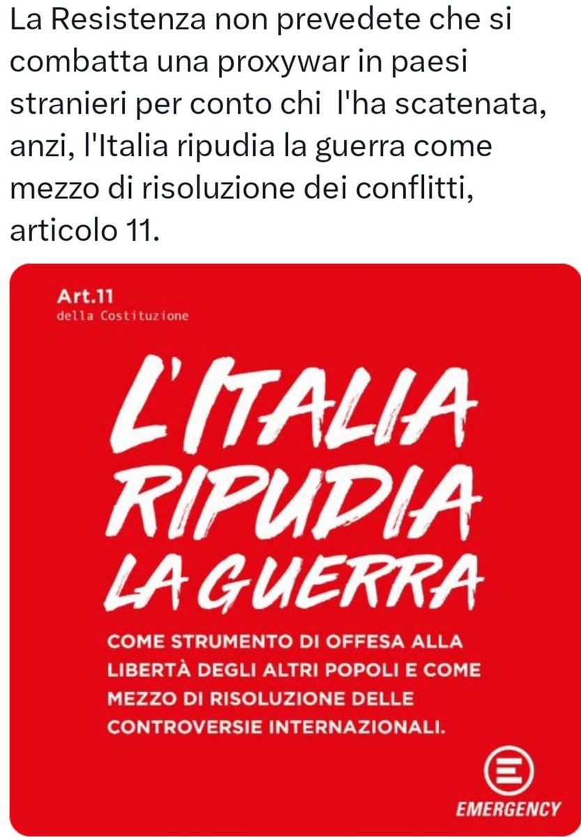 LauraFoschi6's tweet photo. IN PRATICA, L'ART. 11 DELLA #COSTITUZIONE ITALIANA DICE CHE, SE NON VENIAMO ATTACCATI IN MODO SOSTANZIALE, NOI NON MUOVIAMO #GUERRA A NESSUNO. Nร PER AGGREDIRE, Nร PER RISOLVERE #CONTROVERSIE #INTERNAZIONALI.
#DIPLOMAZIA
๐ฎ๐น๐ต๐ธ๐ฑ๐ง๐ธ๐พ๐ฎ๐ท๐จ๐บ๐ฆ๐ฑโฎ๏ธโค๏ธ๐๏ธ https://t.co/IFVVmZ4Wub