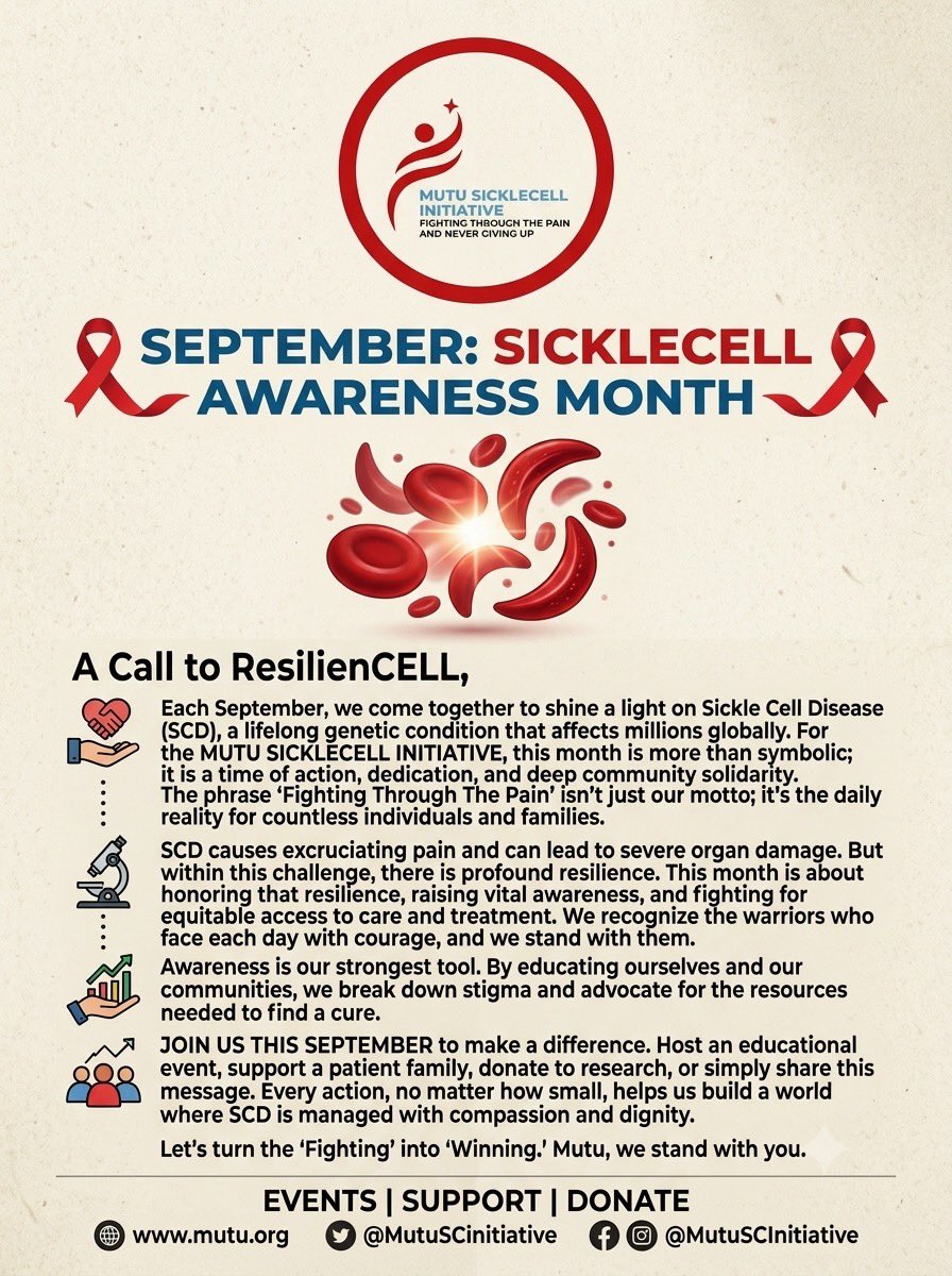 MUTUSICKLECELL's tweet photo. September is Sickle Cell Awareness Month. 

This month, we raise awareness, challenge stigma, promote early testing, and stand with everyone affected by sickle cell disease.

Know your status. Know the facts. Share the knowledge.

#SickleCellAwarenessMonth #SickleCell #Awarenes https://t.co/akxhcSYSfq