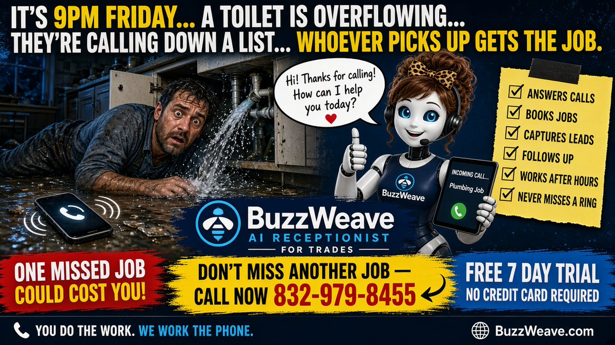 buzzweaver's tweet photo. You: 9pm. Toilet’s flooding. Phone’s ringing.
Robot: I got it — booking while you shut the water off.
DON'T MISS ANOTHER JOB
832-979-8455 · https://t.co/VuL7Dk40fM
#Plumbing #BuzzWeave https://t.co/TcOiO7AvYn
