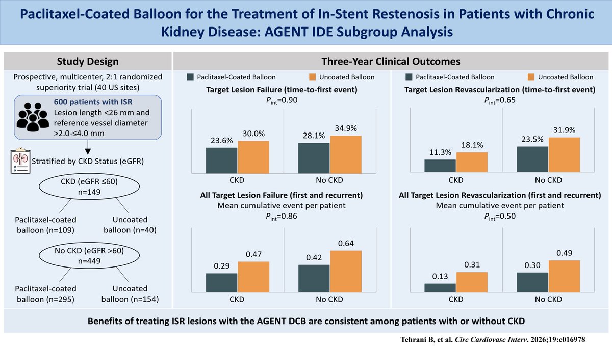 CircIntv's tweet photo. Influence of Chronic Kidney Disease on Outcomes Following Paclitaxel-Coated Balloon Angioplasty for Coronary In-Stent Restenosis. An AGENT IDE Subgroup Analysis. CKD did not influence outcome @rwyeh @ajaykirtane @mobitz @bigboy1202 @behnam_tehrani https://t.co/zNjTu4BJTU https://t.co/OQAL3RK1ya