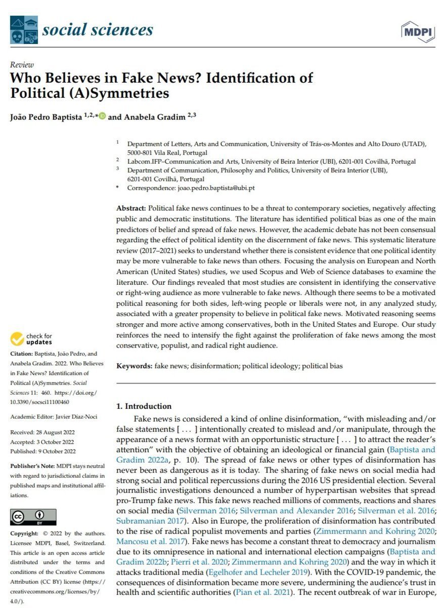 davidlois_uned's tweet photo. "Las personas conservadoras parecen ser más susceptibles a desinformación, noticias falsas y teorías de la conspiración, y los productores de desinformación suelen dirigirse específicamente a audiencias con perfil derechista, menos propensas a verificar los hechos" https://t.co/zte1zR6Of1