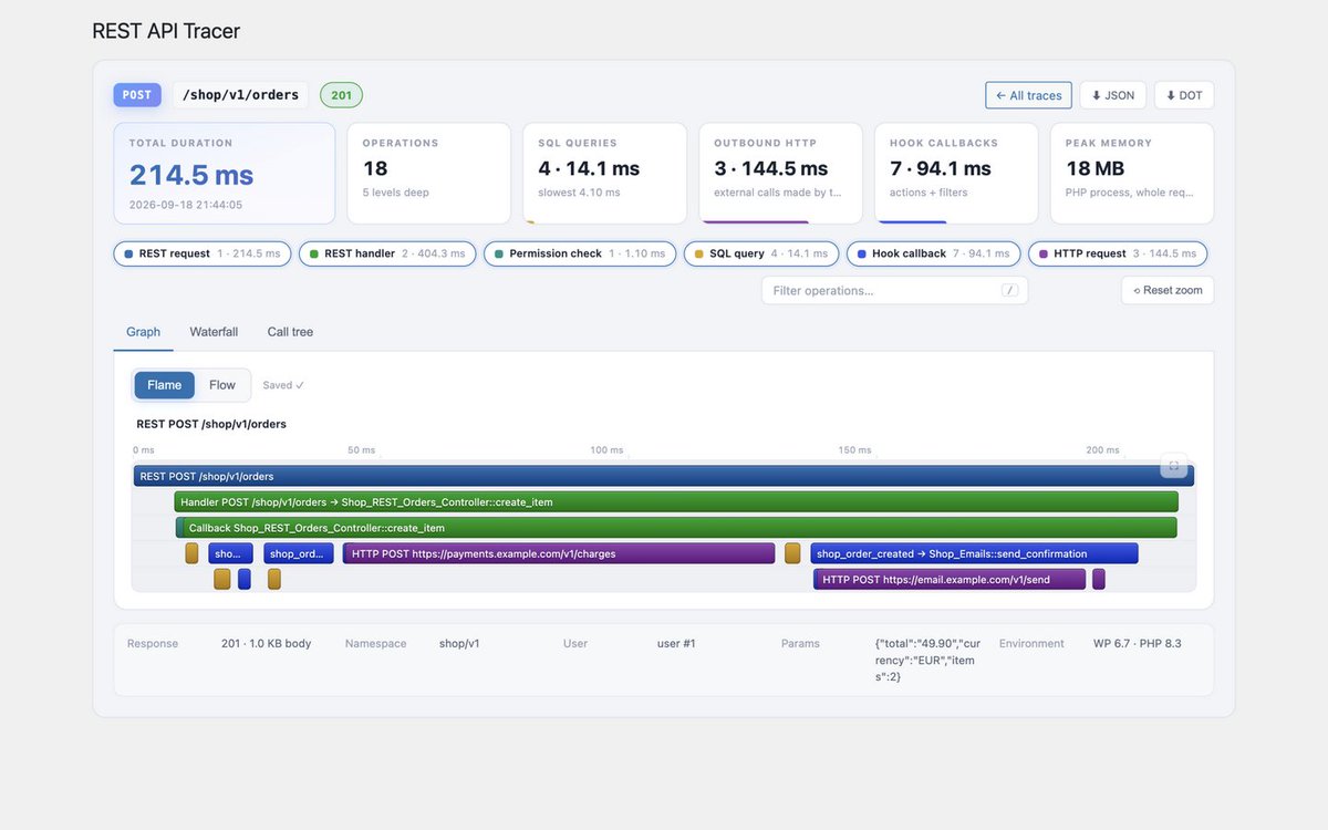 rafiahmedd's tweet photo. Debugging a slow #WordPress REST endpoint is usually guesswork.

So I built a free, #opensource tracer: every hook, SQL query &amp; outbound HTTP call inside a request — nested, timed, streamed live into wp-admin.

Flame graph + interactive node-map views included.

Link in comments https://t.co/feVqv6ILHl
