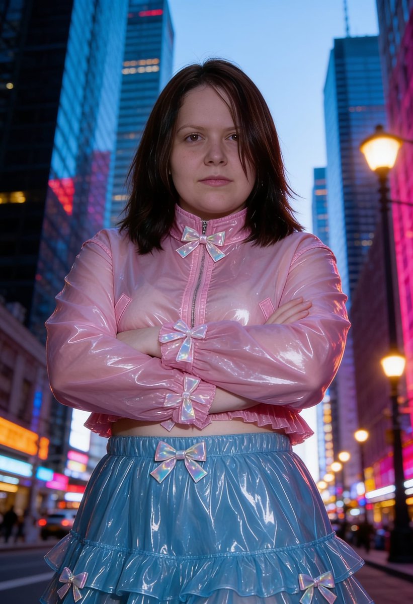 Lizzy1262629's tweet photo. Pink PVC crop and blue ruffle mini — holographic bows on both, zip collar, neon street at dusk.
#PinkPVC #BlueSkirt #HoloBows #NightStreet #PVCSet #OOTD #FetishFashion #LookOfTheDay #NeonLights #StatementLook #PlasticFashion #CityDusk https://t.co/K8wKxQWgSn