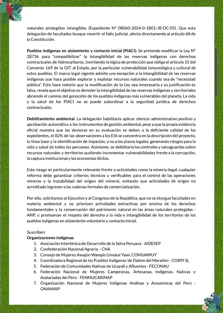 cipenza's tweet photo. Mas de 100 organizaciones y ciudadanos rechazamos la delegación de facultades en materia ambiental. Venden una sitiuacion "urgente" para vulnerar las areas protegidas
#delegaciondefacultades #DefiendeCandamoYA #defiendemedioambienteya #ProtejamosLosPIACI #DerechosIndígenas https://t.co/SPHXCJKL0P