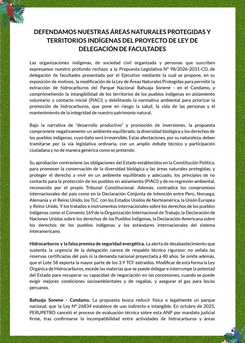 cipenza's tweet photo. Mas de 100 organizaciones y ciudadanos rechazamos la delegación de facultades en materia ambiental. Venden una sitiuacion "urgente" para vulnerar las areas protegidas
#delegaciondefacultades #DefiendeCandamoYA #defiendemedioambienteya #ProtejamosLosPIACI #DerechosIndígenas https://t.co/SPHXCJKL0P