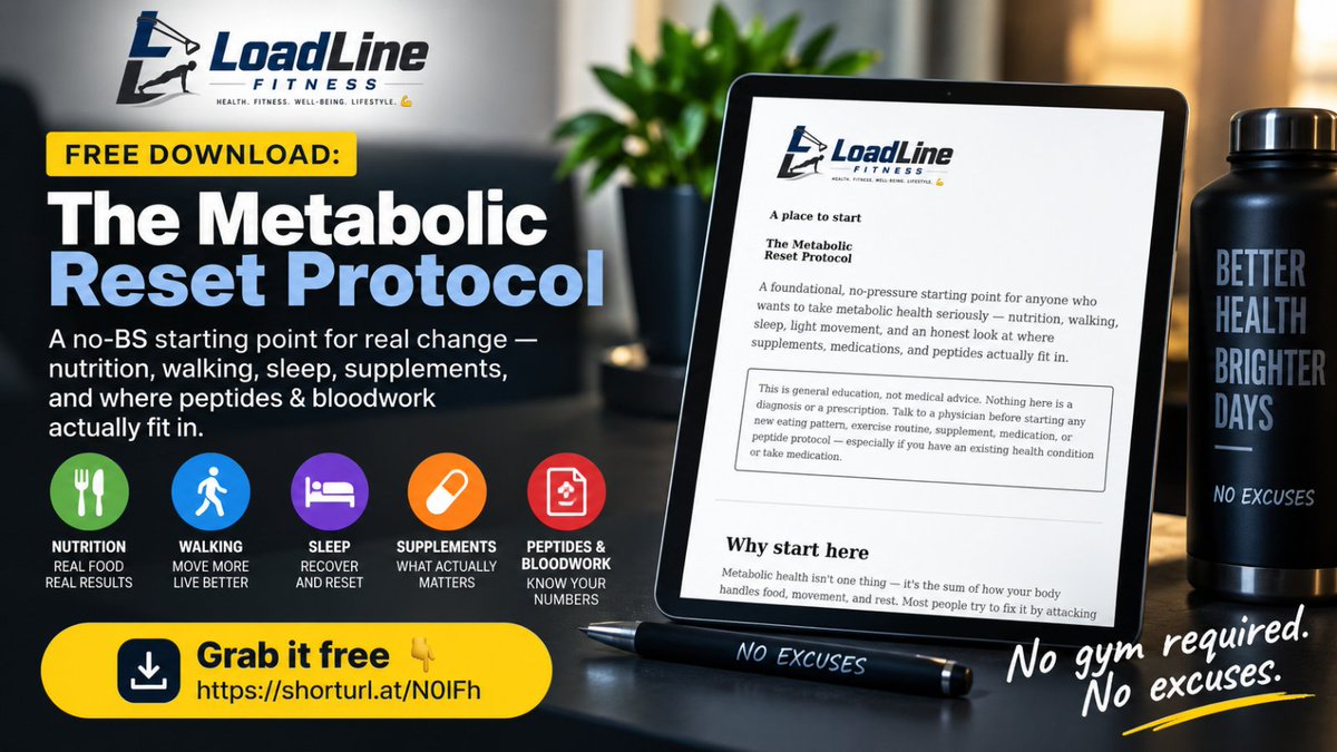 LoadLineFitness's tweet photo. Free download: The Metabolic Reset Protocol.

A no-BS starting point for real change nutrition, walking, sleep, supplements, and where peptides &amp; bloodwork actually fit in.

No gym required. No excuses.

Grab it free 👇
https://t.co/TnkYjkemLY https://t.co/0faZF8bX63