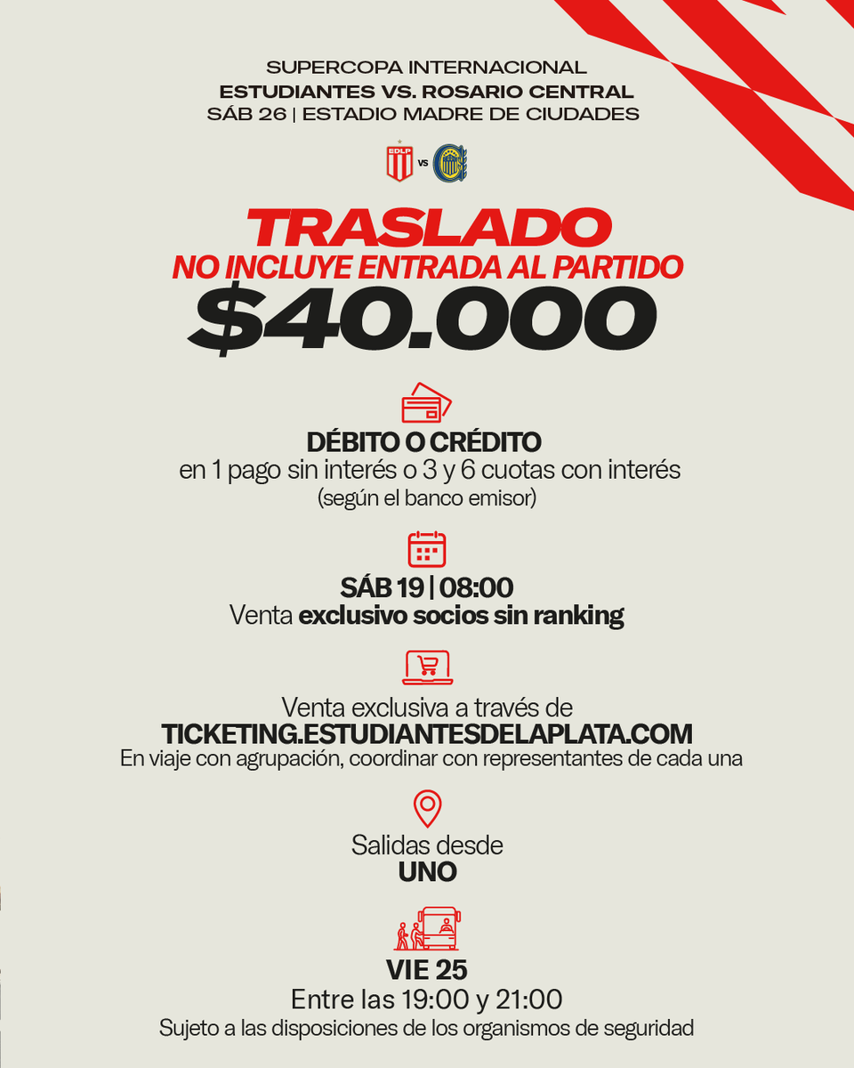 EdelpOficial's tweet photo. 🚍🇦🇹 ¡Todos juntos a otra final! Con un importante esfuerzo, el Club pondrá a disposición 70 micros para viajar a Santiago del Estero y acompañar a Estudiantes en la Supercopa Internacional.

La venta de pasajes, sin entrada incluida, comenzará este sábado desde las 8.00 a través de App UNO y UNO Ticketing. Será exclusiva para socios, sin ranking y hasta agotar la disponibilidad.

La salida será el viernes 25, desde UNO, entre las 19.00 y las 21.00. El regreso está previsto para la madrugada del domingo, una vez finalizado el encuentro.

▶ Más información en https://t.co/PymirG4cnh