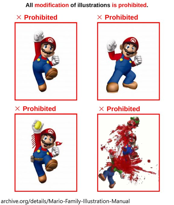 KirboP73024's tweet photo. An official 2005 guide for the presentation of Mario character illustrations, used internally at Nintendo of America, prohibits the modification of official artwork. Here are the examples of prohibited illustrations it lists. https://t.co/Xz8wNxx3dv