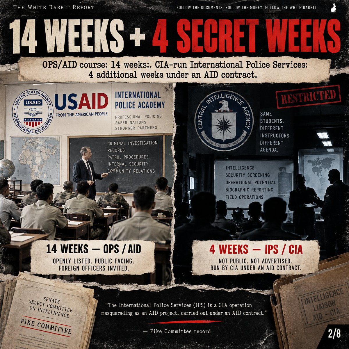 WhiteRabbitRpt's tweet photo. The public course lasted 14 weeks.

Then selected officers could receive 4 more weeks through International Police Services — a CIA proprietary operating under an AID contract.

Same students. 
Different instructors. 
Different mission. https://t.co/gyDezJVppf