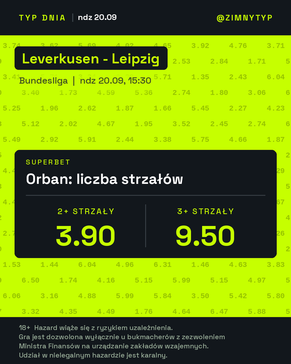zimnytyp's tweet photo. Leverkusen - Leipzig, ndz 15:30

Willi Orban - strzały

7 strzałów w 3 kolejkach (2.33/90).
Leipzig: 21 strzałów na mecz, 61% posiadania.
Środkowy obrońca, pełne 90, stałe fragmenty.

2+ 3.90 | 3+ 9.50

#B04RBL #Bundesliga https://t.co/I9mG0SDt4y