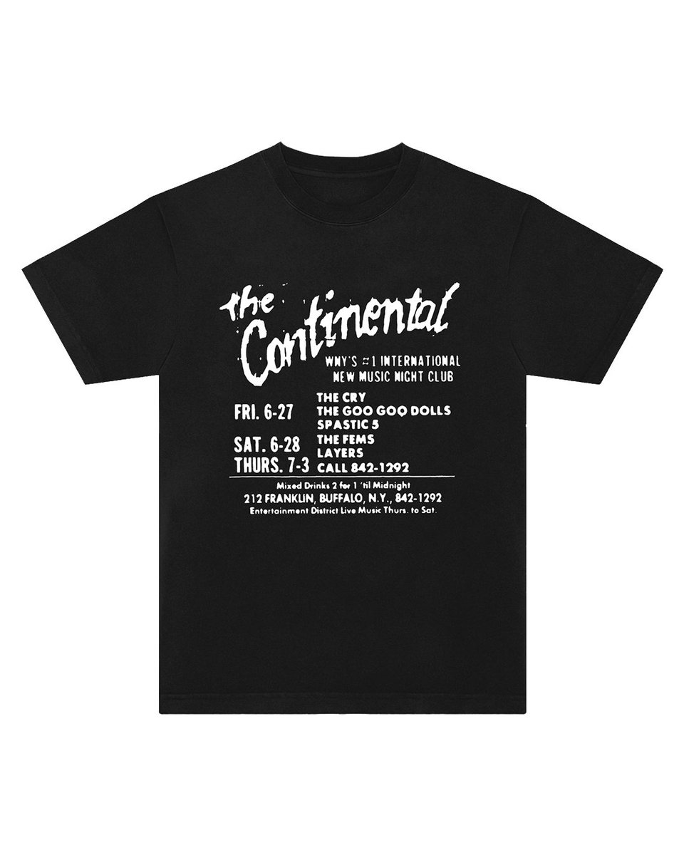 googoodolls's tweet photo. We played our very first show as the Goo Goo Dolls on June 27, 1986, at The Continental in Buffalo, NY. Commemorate 40 years of GGD with this 'Live At The Continental' T-shirt, available for Pre-order now. https://t.co/hZChKtDTk0 https://t.co/eRdYJWefR8