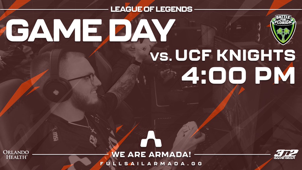FullSailArmada's tweet photo. Battle for Florida continues today! 🎮

Good luck to Full Sail Armada’s League of Legends team as they take on UCF this afternoon.

⚔️ 4:00 PM — @UCF

Drop some good luck for Armada in the comments before match time! https://t.co/ZcqHfFIj5E