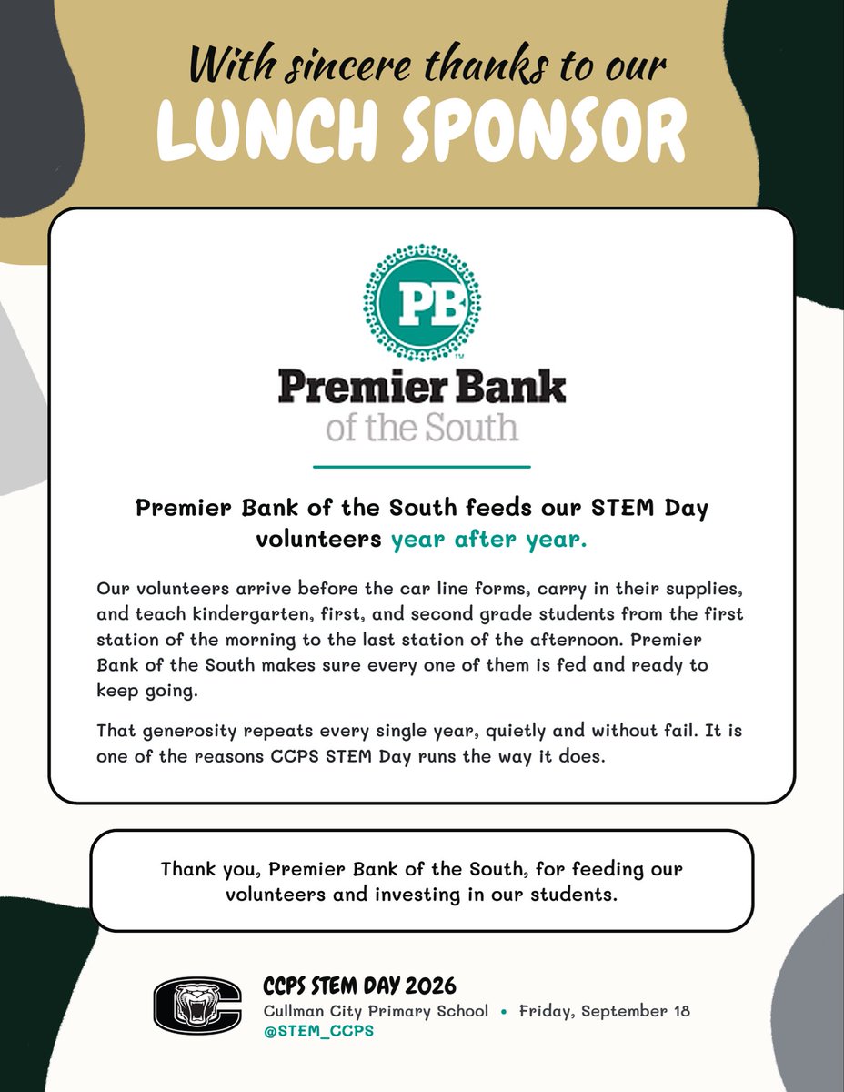 STEM_CCPS's tweet photo. A huge thank you to @PremierBank_ for sponsoring lunch for our STEM event again this year! We are so grateful for your continued support of our students, teachers, and STEM experiences. Your generosity helps make days like today possible! 🙌✨ @cullmanprimary @BOECullmanCity https://t.co/O0UqyKQnN6