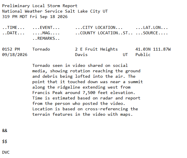 NWSSaltLakeCity's tweet photo. Based on video received via social media, we can confirm that a tornado touched down just before 2pm near Fruit Heights, UT. We're estimating the location by cross-referencing terrain on the videos with maps, supplemented by radar data. #utwx https://t.co/tIbCfXTenS