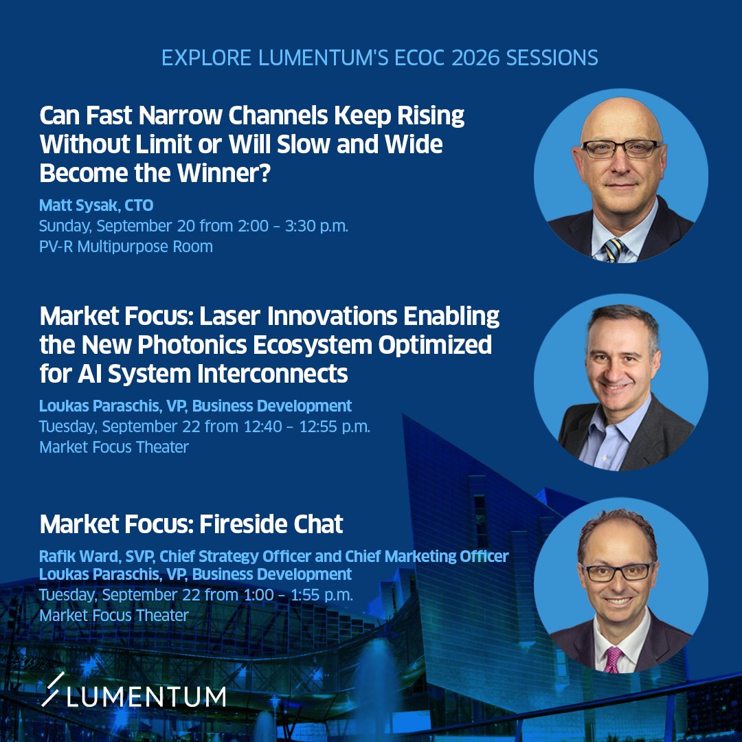 Lumentum's tweet photo. @Lumentum experts are taking the stage throughout #ECOC2026 to share their perspectives on technologies shaping optical communications. Swipe through for details.

📅 Monday, September 21 – Wednesday, September 23
📍 Málaga, Spain | Stand 2050

Learn more: https://t.co/3MKCMWaugc https://t.co/lokTNLJCQ7