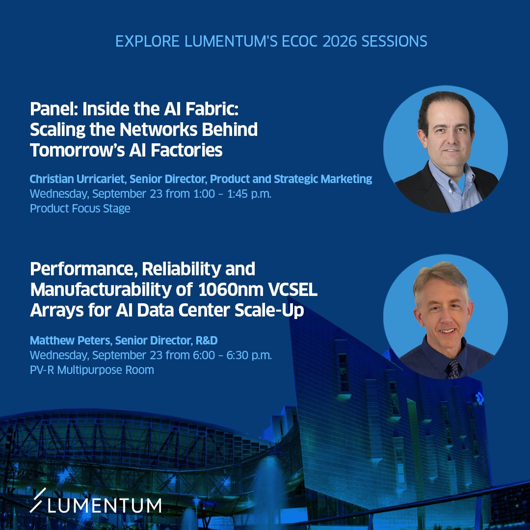 Lumentum's tweet photo. @Lumentum experts are taking the stage throughout #ECOC2026 to share their perspectives on technologies shaping optical communications. Swipe through for details.

📅 Monday, September 21 – Wednesday, September 23
📍 Málaga, Spain | Stand 2050

Learn more: https://t.co/3MKCMWaugc https://t.co/lokTNLJCQ7