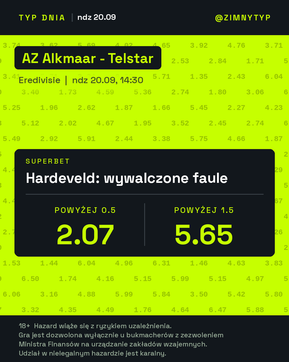 zimnytyp's tweet photo. AZ Alkmaar - Telstar niedziela 14:30

Jeff Hardeveld - wywalczone faule

Seria trwa: pięć meczów, w każdym minimum jeden wywalczony faul.

W Alkmaarze będzie wozić piłkę pod pressingiem. Ta strona boiska pracuje pełne 90.

0.5+ 2.07 | 1.5+ 5.65

#AZTEL #Eredivisie https://t.co/5hfqWg3UlM