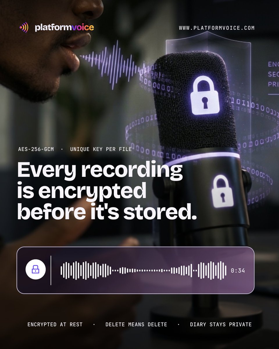 justtalkam's tweet photo. A rant shouldn’t sit on a server as raw audio.
Every recording is encrypted before it’s stored.
Unique key per file. Delete means delete.

Use platformvoice today https://t.co/DkSZl0EWdz https://t.co/Cj2XxjzAhz