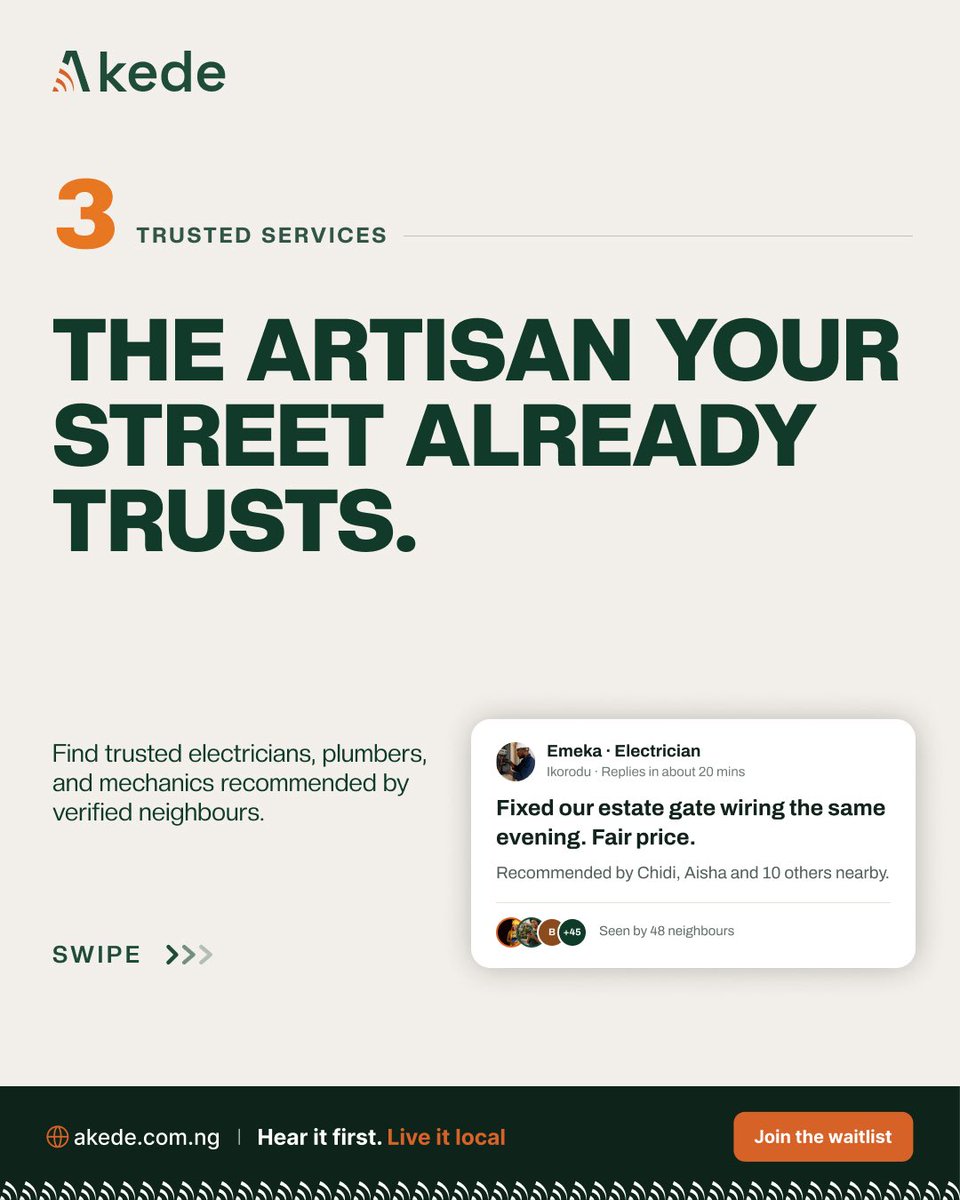 akede_app's tweet photo. Akede makes it easier for you to stay up to date with local updates in your neighbourhood, and helps you discover people, and places that have always been in your neighbourhood, but you never knew they were there.

#akede #neighbourhoodapp #localbusiness #neighbourhoodupdates https://t.co/WqCm5mBywP