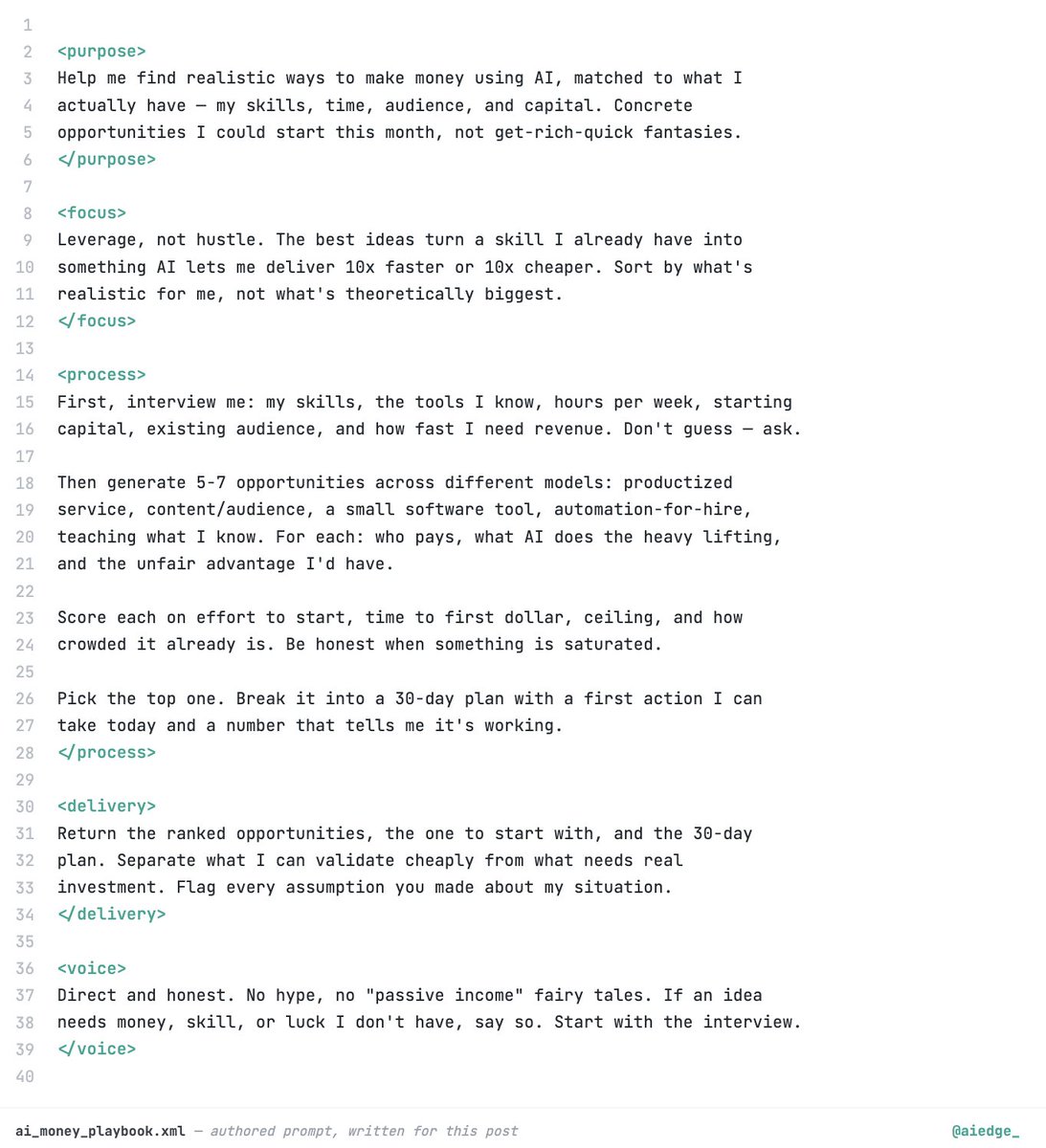 aiedge_'s tweet photo. wtf did I just read.

This guy literally leaked the entire playbook for getting stupid rich with AI....FOR FREE.

I turned this masterpiece article into a prompt anyone can use.

Send this to Claude now to brainstorm how you can actually print $$$: https://t.co/MBNBuEOXNo