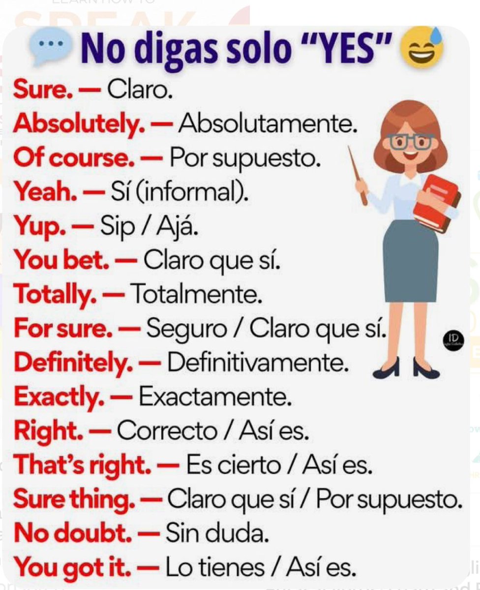 profeingless's tweet photo. Deja de responder "yes" como robot.

Los nativos usan 14 formas distintas… y tú repites siempre la misma 👇 https://t.co/DdKr2XIVpi