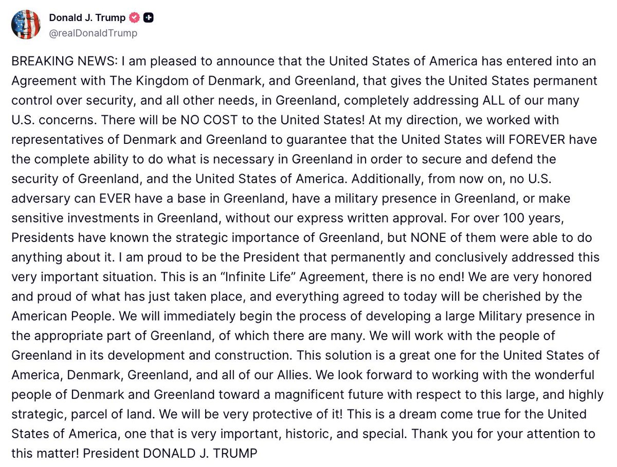 WarClandestine's tweet photo. MASSIVE news 👀

POTUS just secured Greenland. Now the US MIL own that area, and our future adversaries will not be able to set up any proxy action on or around Greenland.

The Monroe Doctrine is in effect, and Trump was not kidding. The US MIL own the Western Hemisphere now. This deal for Greenland fits into my theory that we will be consolidating our military presence to the Western Hemisphere, and eventually vacating Europe, Asia, Africa, and the Middle East.

Trump has essentially redrawn the world map and consolidated spheres of influence. Russia and China will stay out of our yard, and we will stay out of theirs.

Trump is changing the entire global system and rules of engagement. It’s happening.
