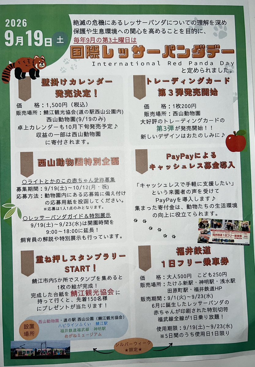 katsuhisas's tweet photo. おはようございます^_^
だ〜か〜ら！今日19日と明日20日は！絶対に #鯖江市 に遊びに来ないと！^_^
「#国際レッサーパンダデー」イベントはあるし、「#めがねフェス」と「#さばえ門前まつり」そして「#さばえやっしきまつり」もある！こんなに色々楽しめるのは鯖江だけ^_^。み〜んな！大集合！ https://t.co/wGRaloqa45