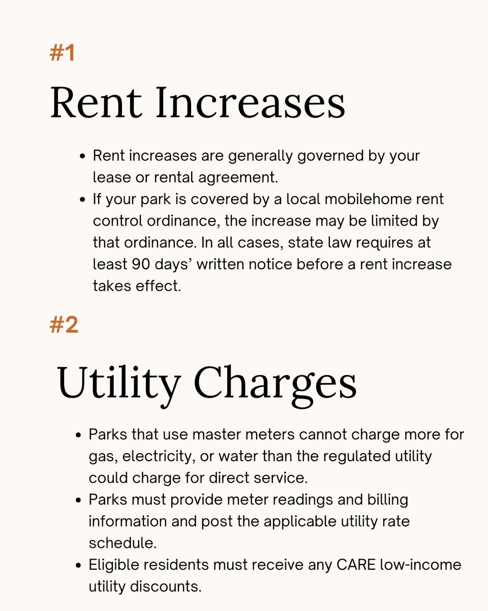 ElderLawAdvo's tweet photo. Did you know state law requires at least 90 days' written notice for rent increases? Parks also cannot overcharge for utilities or charge fees for immediate family members.   

Need assistance? 
Contact Elder Law &amp; Advocacy:
📞 858-565-1392
🌐 https://t.co/38rnWuIL2F https://t.co/68MOJTNtDh