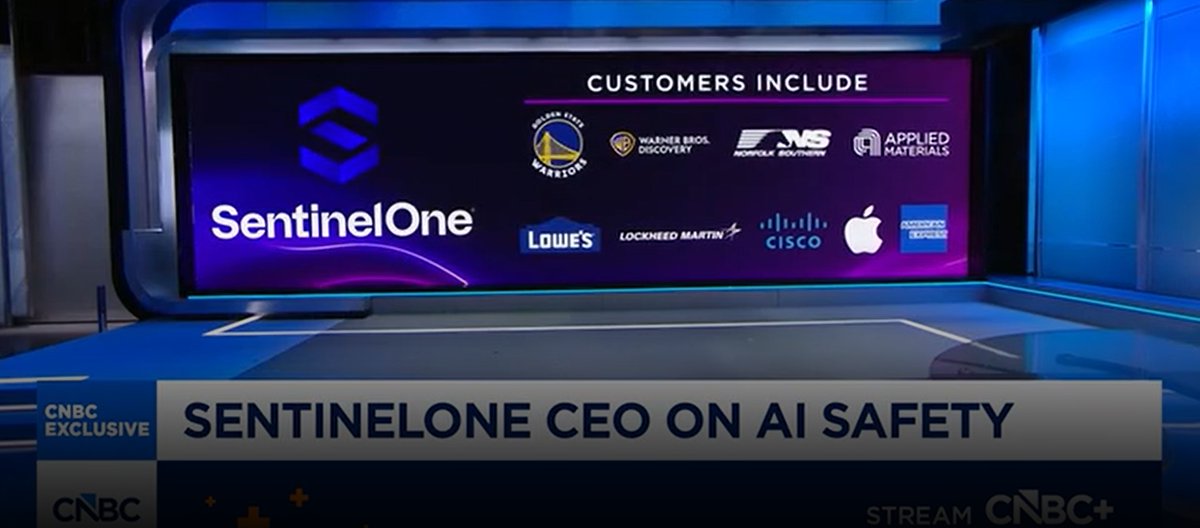 GeldSein83110's tweet photo. When #SentinelOne CEO Tomer Weingarten appeared on CNBC this week, the program showed this slide highlighting some of SentinelOne’s customers, including Apple, Cisco, Lockheed Martin, American Express, Applied Materials, and other notable companies. Interesting. $S https://t.co/xU2VsgBR16