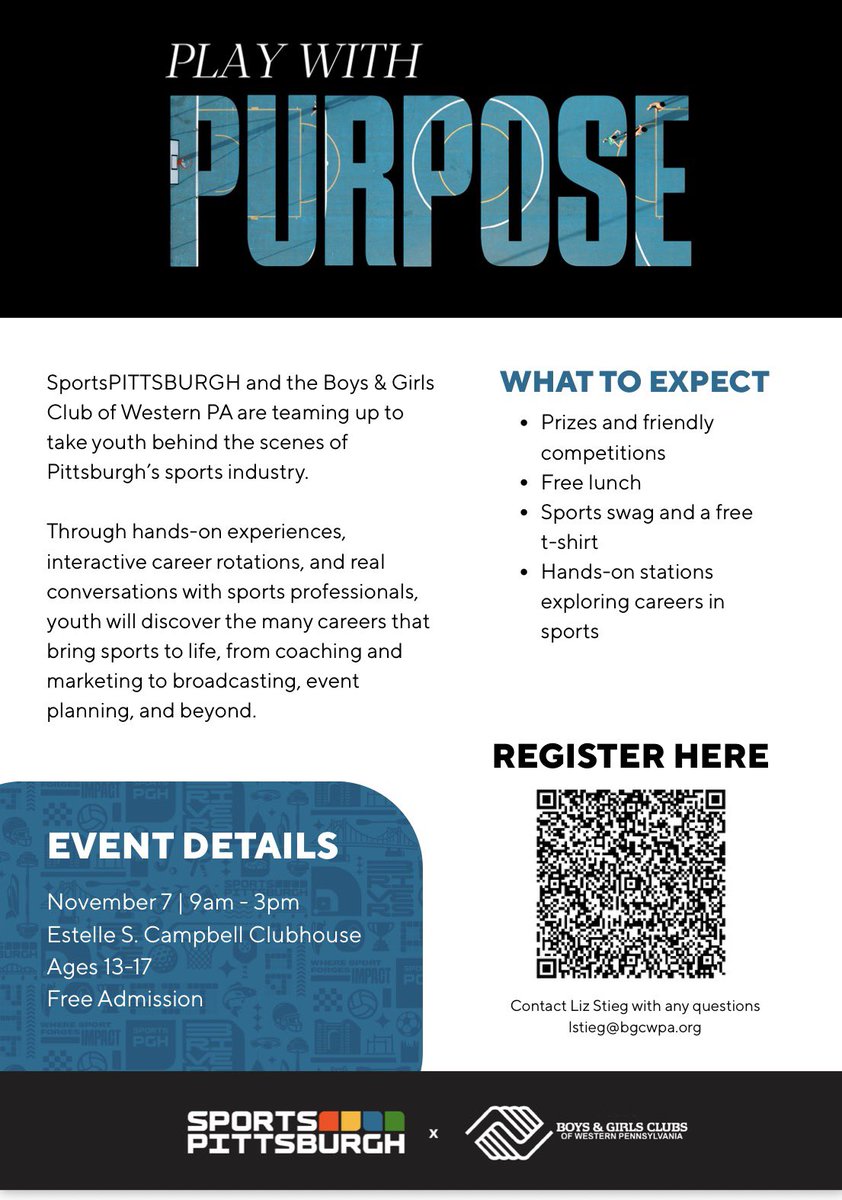 bgcwpa_sports's tweet photo. 🚨 Exciting opportunity for teens! 

We are teaming up with Sports PITTSBURGH for Play With Purpose- a free sports career exploration event for teens. 

Teens will meet sports professionals, explore careers, compete in fun challenges, win prizes and much more! https://t.co/Aey86HDQGt