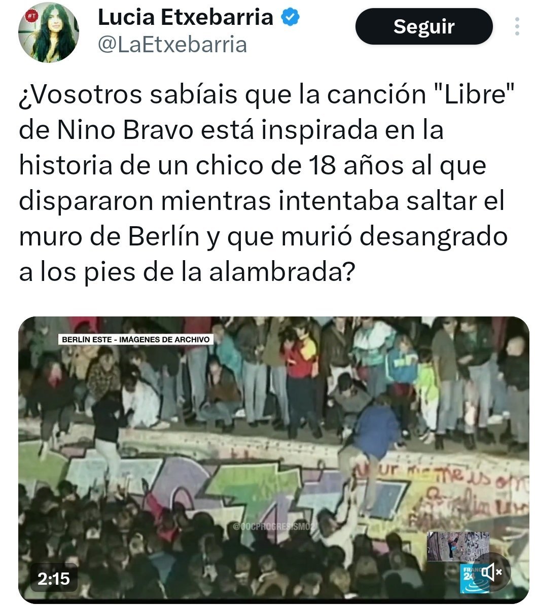 caminantes21's tweet photo. No, Lucía. Ni nosotros ni nadie. Sus autores, José Luis Armenteros y Pablo Herrero, lo desmintieron muchas veces. La canción no habla del Muro d Berlín sino d la falta d libertad durante el franquismo. A no ser q haya otra canción del mismo título plagiada x ti. Q nos conocemos.. https://t.co/dUoRVxobQf