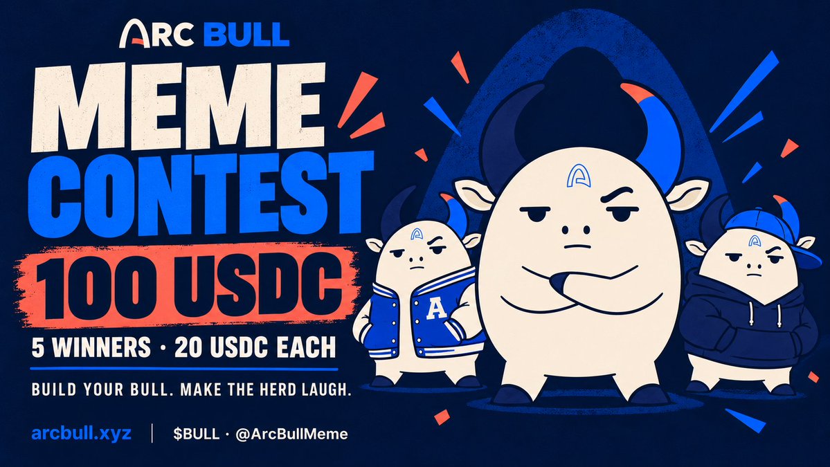 ArcBullMeme's tweet photo. ARC BULL MEME CONTEST 🌀🐂

Your Bull. Your joke. Make the herd laugh.

🏆 100 USDC prize pool
5 winners — 20 USDC each.
HOW TO ENTER:

1️⃣ Create your Bull using our generator. Add a funny caption or turn it into an original meme:
https://t.co/dJsXGiARuM

2️⃣ Publish your meme as a new post on your own X profile. Attach the image and include:
$BULL · @ArcBullMeme · #ArcBullMemeContest
3️⃣ Reply to THIS contest announcement with the link to your meme post so we can find your entry.

4️⃣ Join our Telegram:
https://t.co/u2HKXtXDeW
🐂 Want to represent the herd? Make your custom Bull your X profile picture! This is optional and won’t affect judging.

⏳ Entries close 72 hours after this post. Winners will be announced on @ArcBullMeme within the following 24 hours.

🎨 We’ll choose the five best memes based on humor, originality, and creative use of Arc Bull. Likes and repost counts won’t determine the winners.

Stable money. Unstable bull. Unhinged memes.