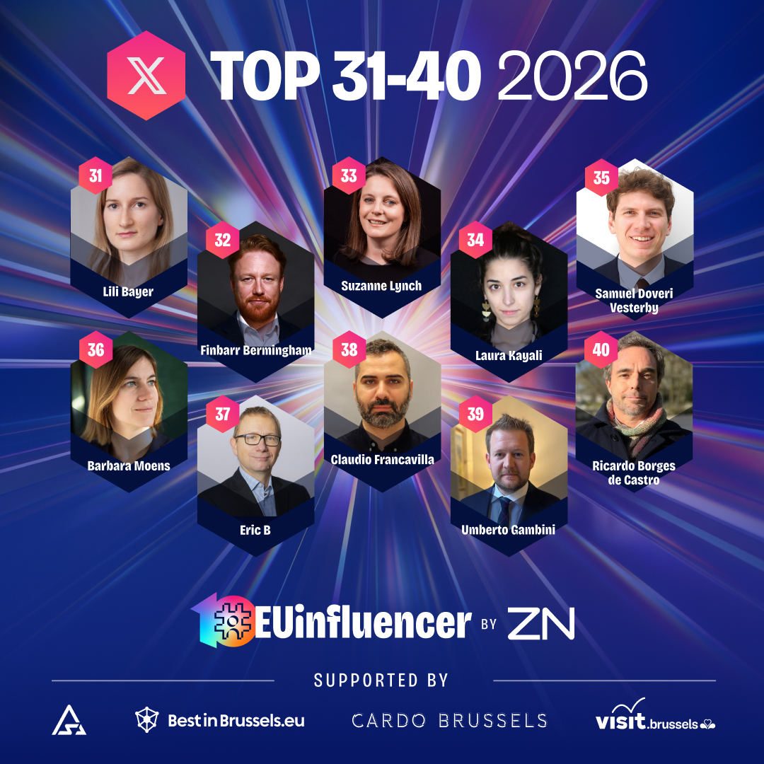 ZNConsulting's tweet photo. The #EUinfluencer2026 Top 50 on X continues with ranks 40–31:

40. @ricbdc
39. @UGambini
38. @ClaFrancavilla
37. @LostinEU
36. @BMoens
35. @SamuelJsdv
34. @LauKaya
33. @suzannelynch1
32. @fbermingham
31. @liliebayer

Well done! 🏆

#EUinfluencer #10YearsofEUInfluencer https://t.co/U4GKPERFke