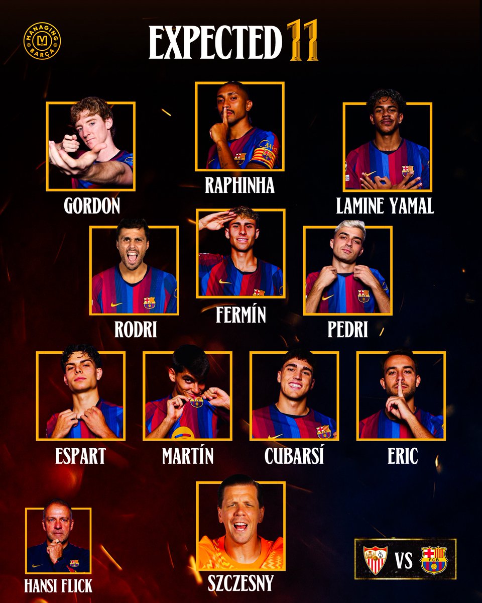 ManagingBarca's tweet photo. 🚨🚨| FC Barcelona’s 𝐄𝐗𝐏𝐄𝐂𝐓𝐄𝐃 𝐋𝐈𝐍𝐄𝐔𝐏 against Sevilla in La Liga tomorrow! 🔵🔴⚡️🇪🇸 https://t.co/WXKH2qxn6d