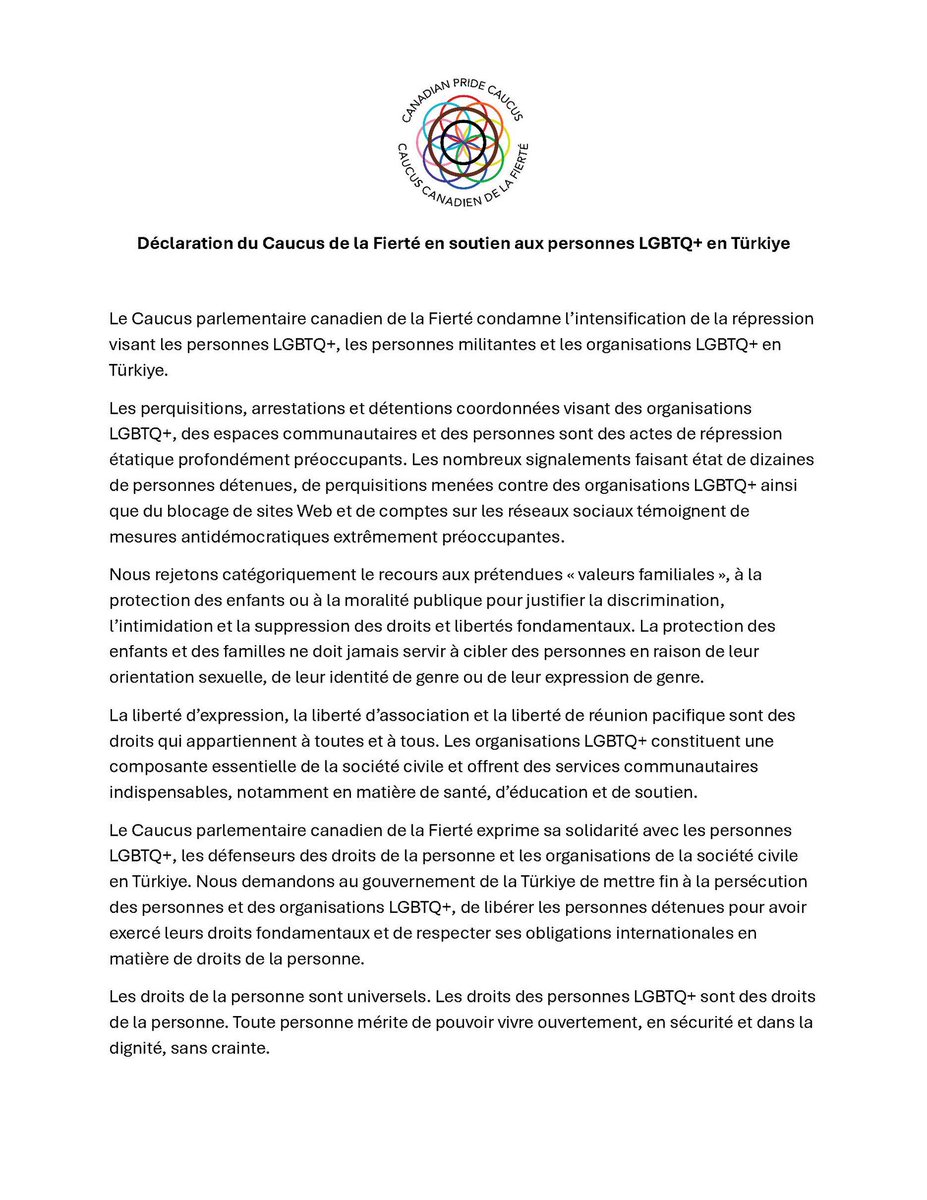 KristopherWells's tweet photo. Please see and share the Canadian Parliamentary Pride Caucus statement regarding the urgent situation facing LGBTQ+, feminist, and human rights groups in Türkiye. 🏳️‍🌈🏳️‍⚧️ https://t.co/y5QGlYMNKO