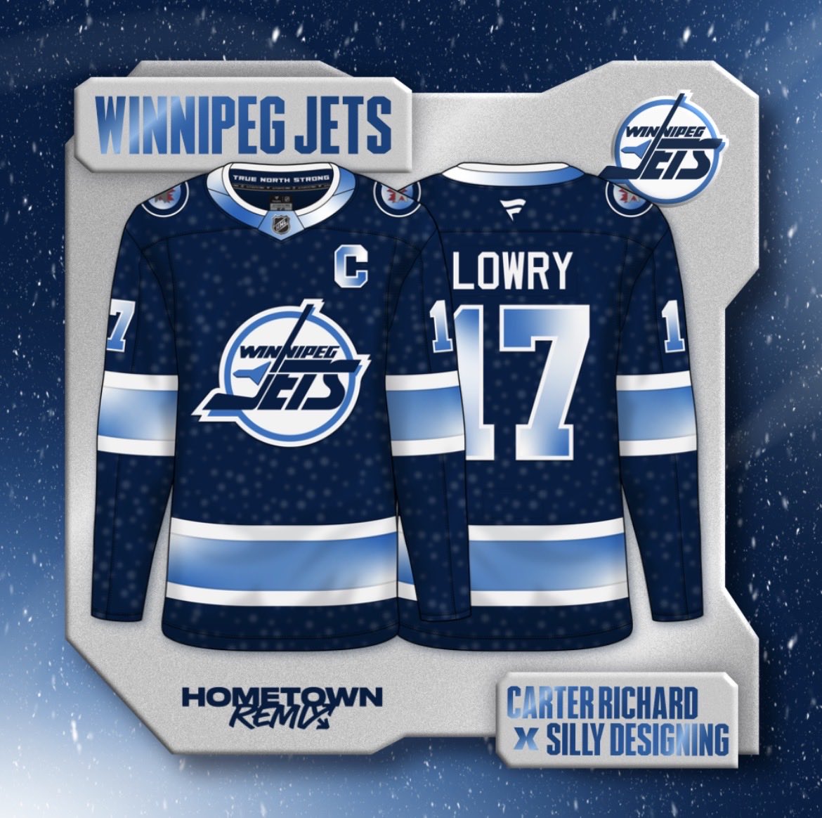 The_JerseyNerds's tweet photo. DAY THIRTY TWO: WINNIPEG JETS

Camps are open, preseason starts tomorrow &amp; the Hometeam Remix Collab’s finale is here! Concept Cup Finalists @carterrichardd &amp; @Silly_Designing team up for an out of this world concept, with the night sky &amp; blue-white gradients on the 90s template! https://t.co/jH6e3QQ0zM