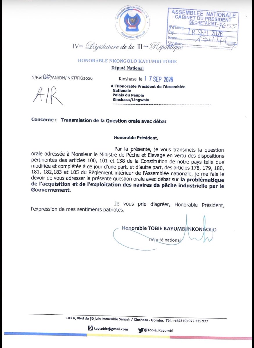 Tobie_Kayumbi's tweet photo. Contrôle parlementaire: J’ai déposé ce jour au Bureau de notre Chambre une question orale avec débat adressée au Ministre de la Pêche et de l’Élevage sur l’acquisition et l’exploitation des navires de pêche industrielle par le Gouvernement.

Des milliards de francs publics engagés pour des navires supposés servir nos eaux, sont-ils réellement adaptés ?

Le Parlement doit faire toute la lumière sur ce dossier.