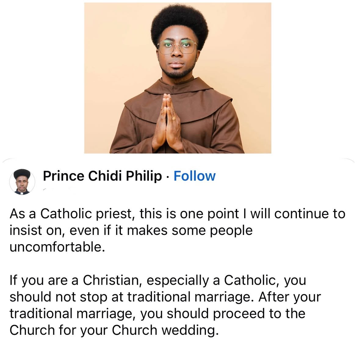 yabaleftonline's tweet photo. As a Catholic, sleeping with your wife after conducting a traditional marriage without a valid Church marriage is still considered a mortal sin — Nigerian priest https://t.co/8Gi088nelr