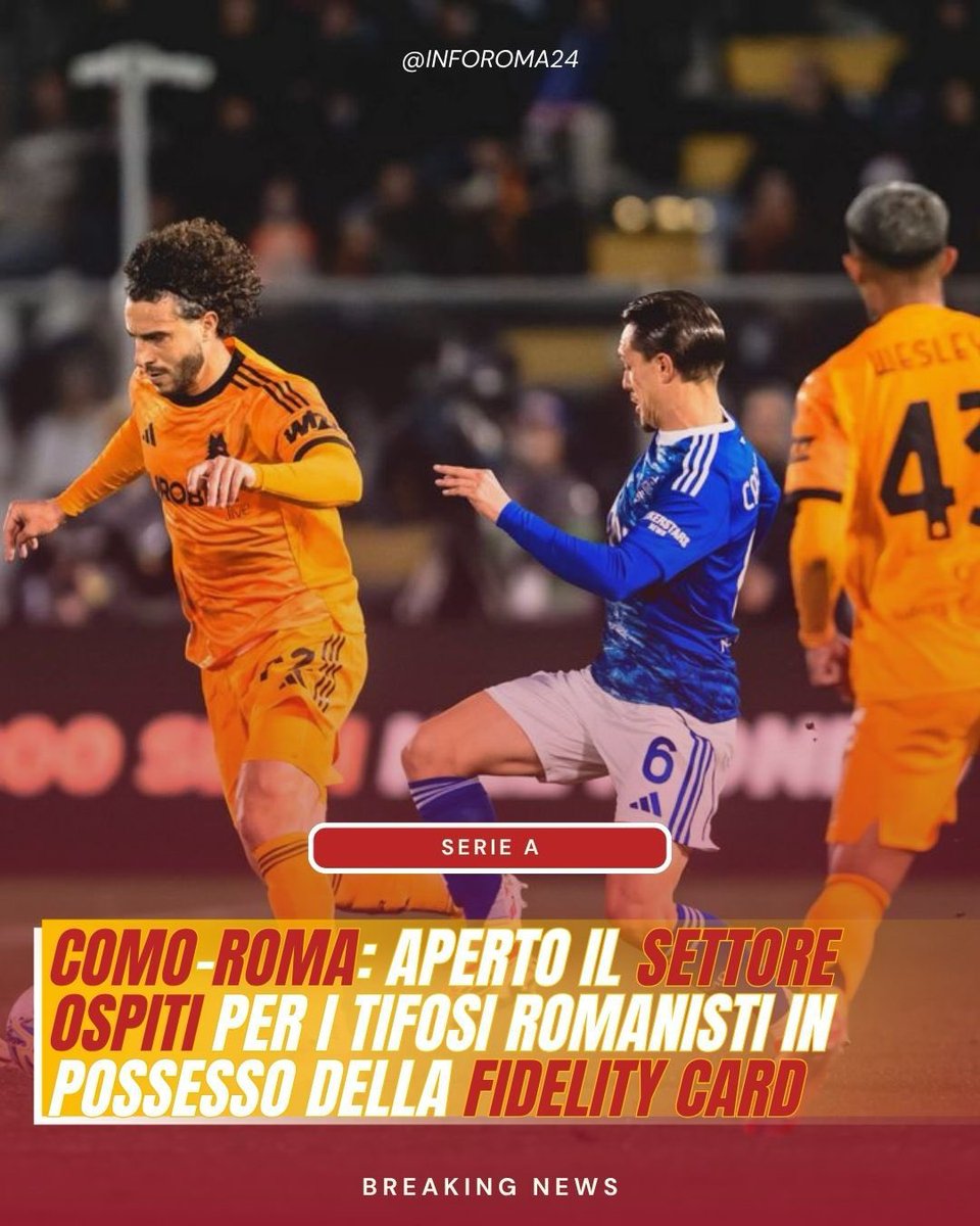 inforoma24's tweet photo. 🟡🔴 La trasferta del match #ComoRoma sarà aperta la vendita ai tifosi dell’#ASRoma in possesso della fidelity card.
🎟️ La prevendita dei tagliandi riservata al settore dedicato ai sostenitori romanisti prenderà il via alle ore 12:00 di giovedì 2 ottobre. https://t.co/xgPSBgm7IC