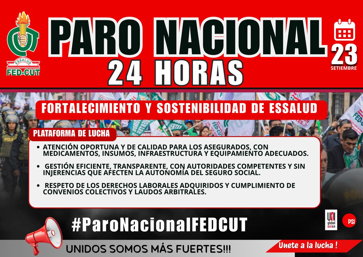 FedCut's tweet photo. 📣 23 DE SETIEMBRE: PARO NACIONAL DE 24 HORAS 📣 Por una atención digna para los asegurados y el respeto a nuestras conquistas laborales. ¡Únete a la lucha por un EsSalud fuerte y transparente! ✊🔴 #ParoNacionalFEDCUT #FEDCUT #UnidosSomosMásFuertes https://t.co/0PSnqoWbyo